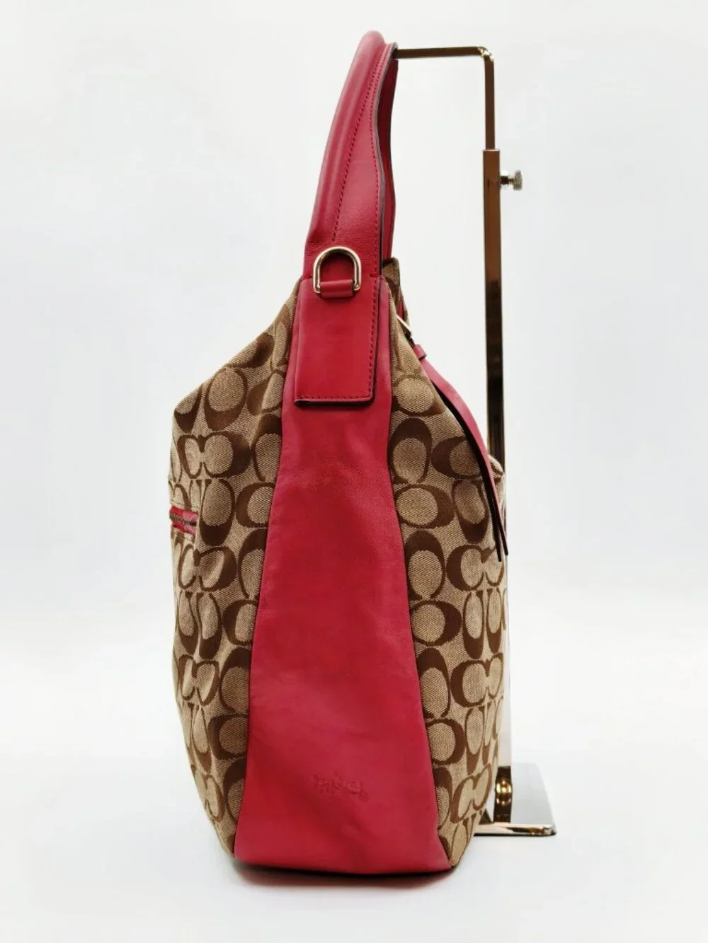 Coach Signature C Jacquard Hobo Shoulder Bag Brown Pink Leather Trim